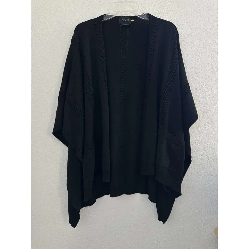 Lysse Sweater Poncho OS Black 5% Merino Wool Loose Tight‎ Knit Open Lagenlook